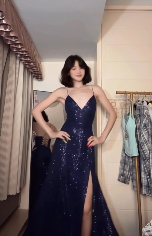 Dark Navy Blue A Line Spaghetti Straps Sequin Prom Dress Party Dress with Slit SH5057