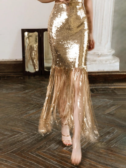 Shiny Golden Straps Sequin Long Prom Dress Party Dress SH4849