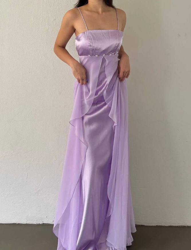 Lilac A Line Spaghetti Strap Satin Tulle Long Prom Dress Evening Dress SH2481