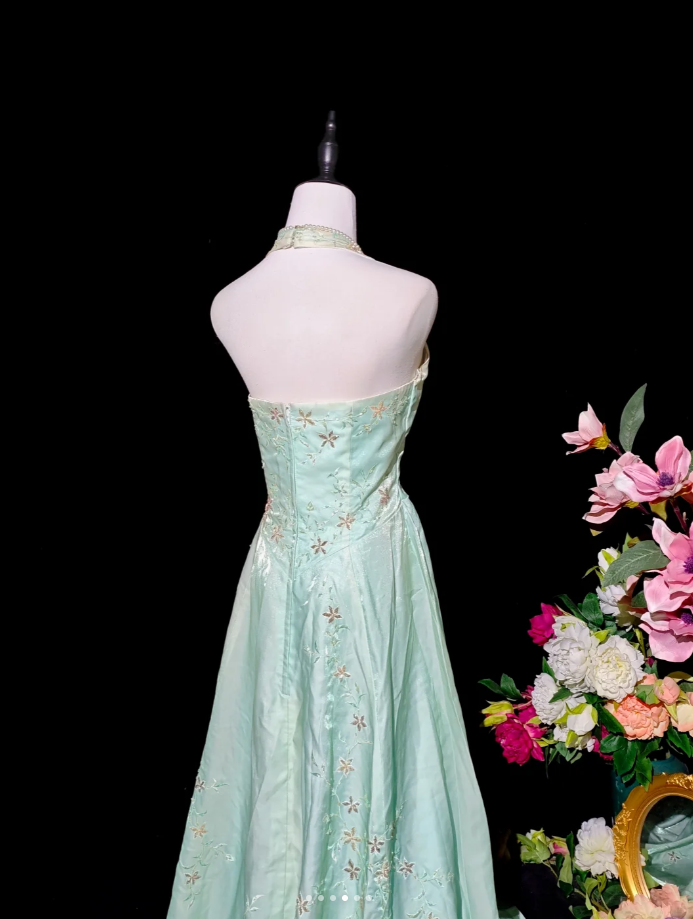 Chic Mint Green Halter Satin Tulle Embroidery Beaded Long Party Dress Evening Gown D2364