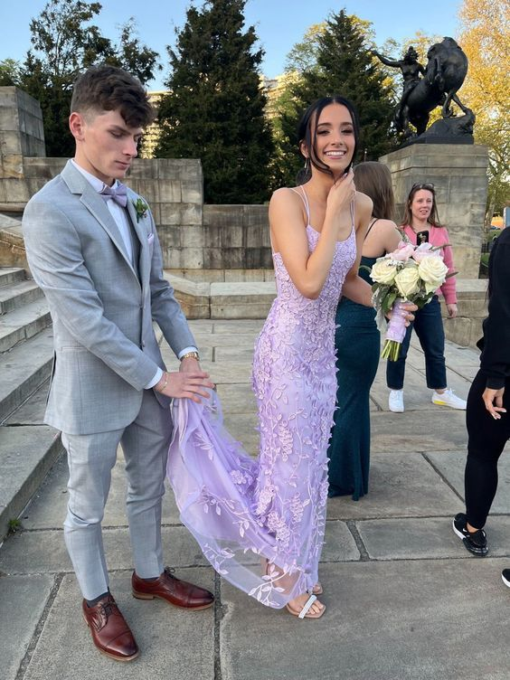 Purple Tulle Lace Appliques Mermaid Prom Dress Backless Long Evening Dress SH1083