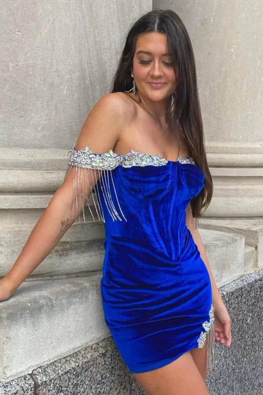 Velvet Off-Shoulder Sheath Beaded Homecoming Dress