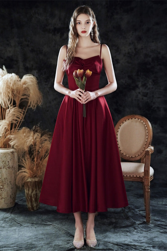 Vintage Style Burgundy Tea Length Dress