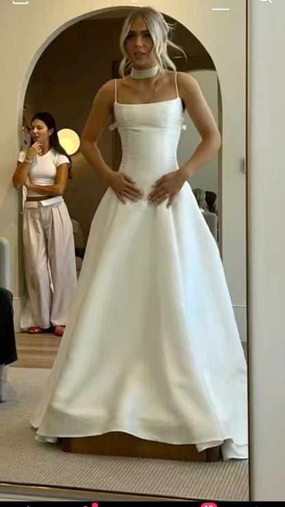 Modest Wedding Dress Ball Gown Spaghetti Straps Satin White Long Wedding Dresses Brides Dress Bridal Gowns W0129