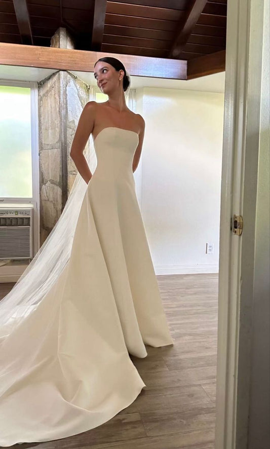 Rustic Wedding Dress Ball Gown Strapless White Satin Summer Long Wedding Dresses Brides Dress Bridal Gowns W0134