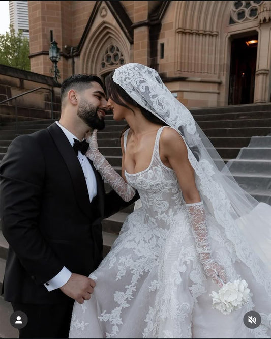 Rustic Wedding Dress Ball Gown Square Neck White Lace Tulle Long Wedding Dresses Summer Brides Dress Bridal Gowns W0143