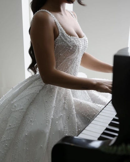 Rustic Wedding Dress Ball Gown Square Neck White Pearls Tulle Long Wedding Dresses Summer Brides Dress Bridal Gowns W0146