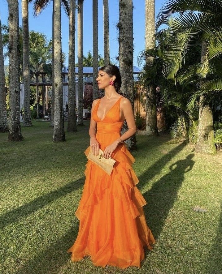 Pretty A line V Neck Orange Long Night Dinner Evening Dresses Formal Summer Wedding Guest Dresses Wedding Guest Outfits W0153