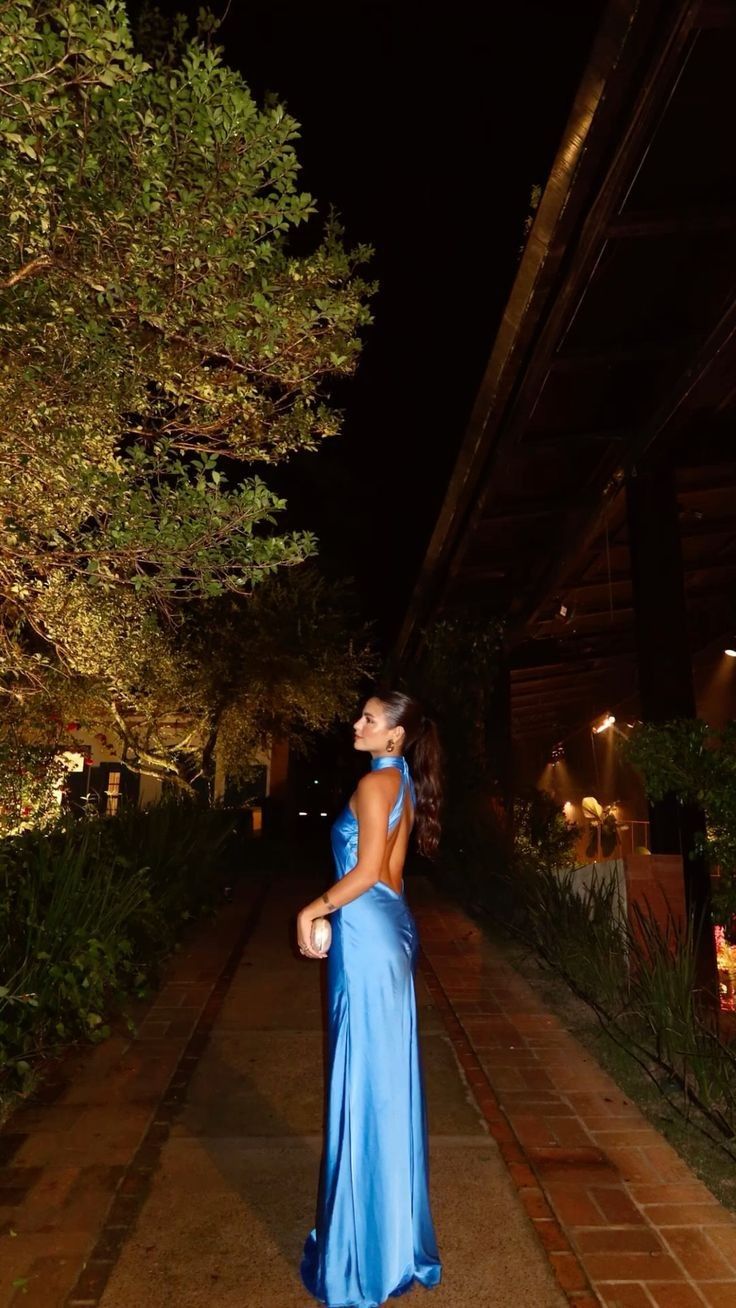 Classy Sheath High Neck Satin Blue Long Prom Dresses Backless  Formal Summer Wedding Guest Dresses Wedding Guest Outfit W0262