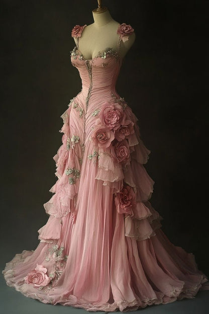 Pretty Ball Gown Pink Spaghetti Straps Tulle Long Quinceanera Dress Formal Short Sleeves Flowers Vestido De 15 Anos W0278