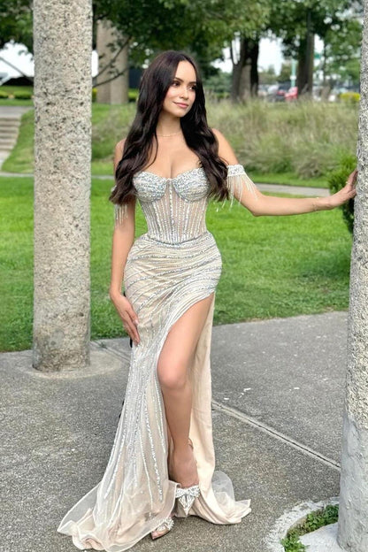 Classy Mermaid Off The Shoulder Champagne Sequin Split Black Girl Long Slit Prom Dresses Party Dress Birthday Outfits Graduation Dresses W0444