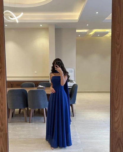 Classy A line Strapless Royal Blue Chiffon Long Prom Gown Summer Wedding Guest Dress Bridal Guest Dresses Wedding Outfits For Guest W0653