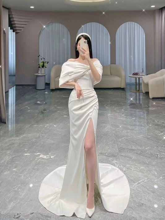 Vintage Wedding Dress Mermaid Off The Shoulder White Summer Beach Long Wedding Dresses Bridal Gowns W0693