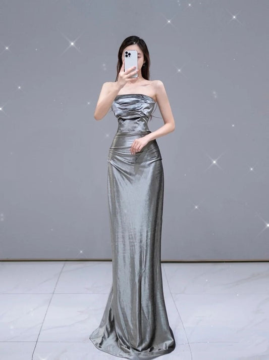 Classy Sheath Strapless Gray Ruffles Satin Long Prom Gown Summer Wedding Guest Dress Bridal Guest Dresses Wedding Outfits For Guest W0701