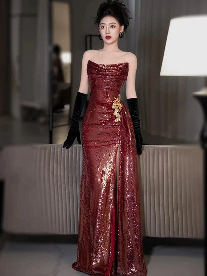 Classy Mermaid Strapless Burgundy Sequin Slit Long Formal Gown Summer Wedding Guest Dress Bridal Guest Dresses Wedding Outfits For Guest W0724