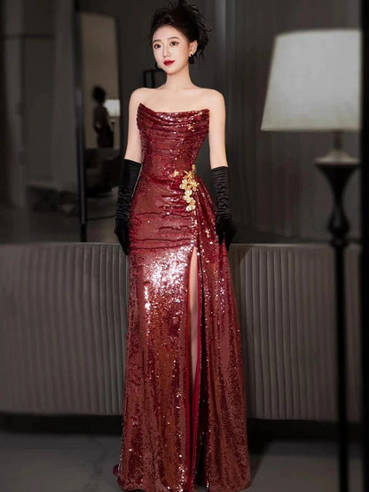 Classy Mermaid Strapless Burgundy Sequin Slit Long Formal Gown Summer Wedding Guest Dress Bridal Guest Dresses Wedding Outfits For Guest W0724