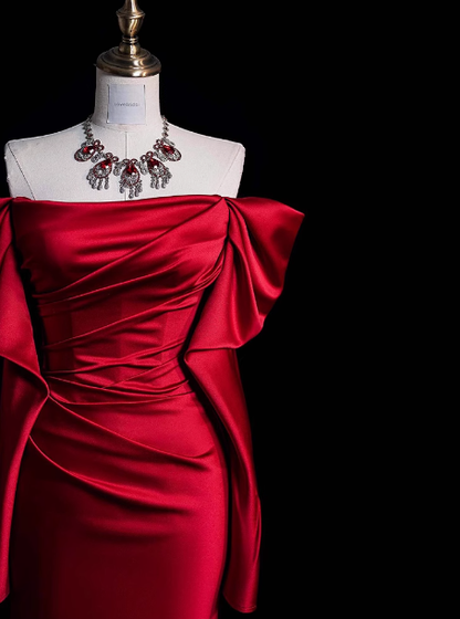 Classy Sheath Off The Shoulder Red Satin Long Prom Dresses Formal Gown Summer Wedding Guest Dresses Wedding Guest Outfit W0726