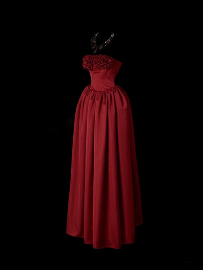 Classy Ball Gown Strapless Burgundy Satin Sleeveless Long Prom Dresses Party Dress Birthday Outfits Graduation Dresses W0743