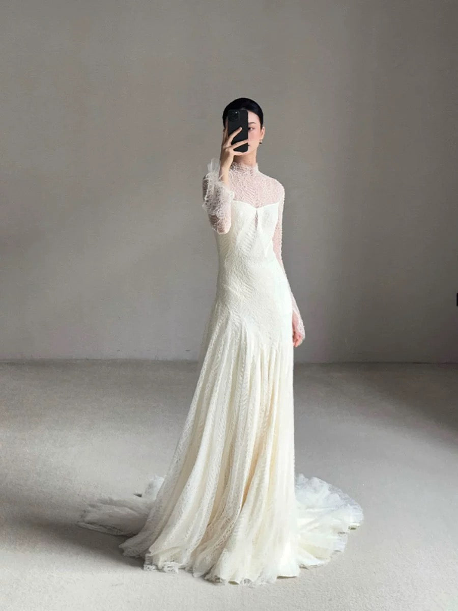 Vintage Wedding Dress Mermaid High Neck Long Sleeves White Lace Summer Long Wedding Dresses Bridal Gowns W0748