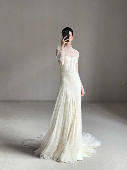 Vintage Wedding Dress Mermaid High Neck Long Sleeves White Lace Summer Long Wedding Dresses Bridal Gowns W0748
