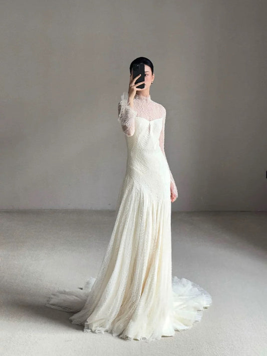 Vintage Wedding Dress Mermaid High Neck Long Sleeves White Lace Summer Long Wedding Dresses Bridal Gowns W0748