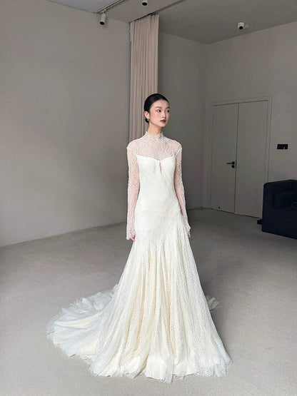 Vintage Wedding Dress Mermaid High Neck Long Sleeves White Lace Summer Long Wedding Dresses Bridal Gowns W0748