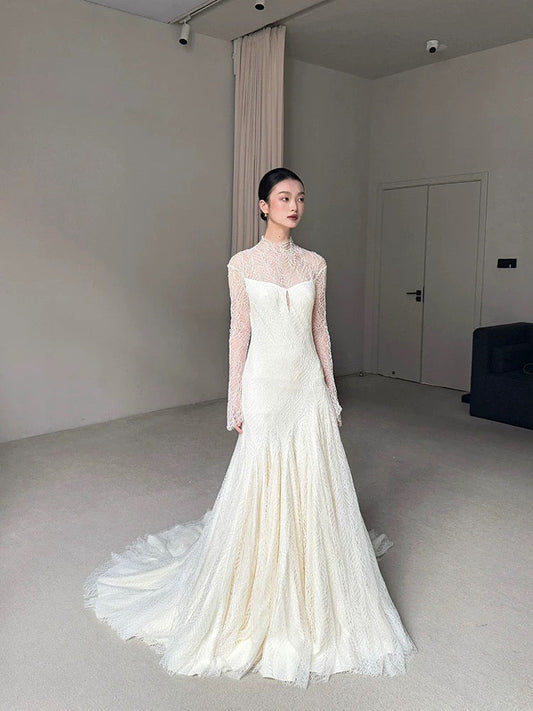 Vintage Wedding Dress Mermaid High Neck Long Sleeves White Lace Summer Long Wedding Dresses Bridal Gowns W0748