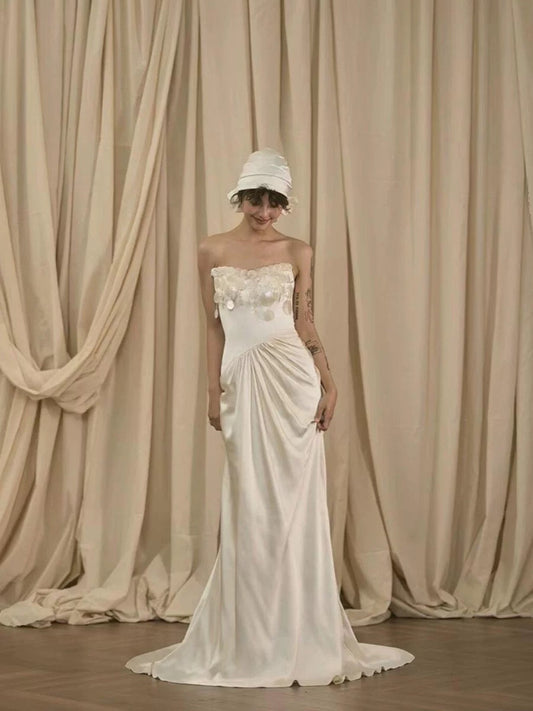 Vintage Wedding Dress Mermaid Strapless White Summer Long Wedding Dresses Bridal Gowns W0751