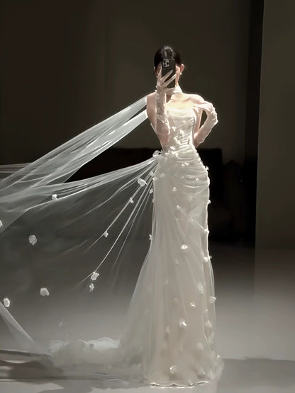 Simple Wedding Dress Mermaid Strapless White Tulle Floral Summer Beach Long Wedding Dresses Bridal Gowns W0778