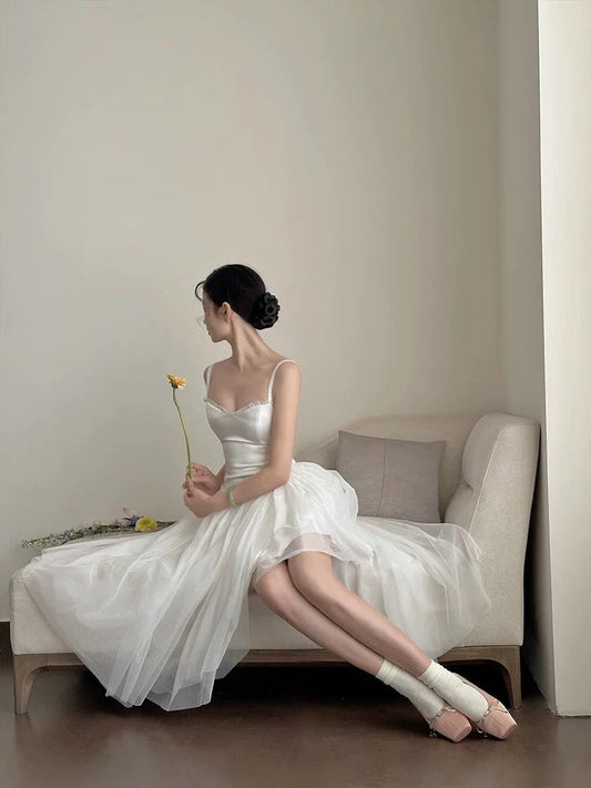 Simple A Line Spaghetti Straps Prom Gown Summer Wedding Guest Dress Bridal Guest Dresses White Wedding Outfits For Guest W0781