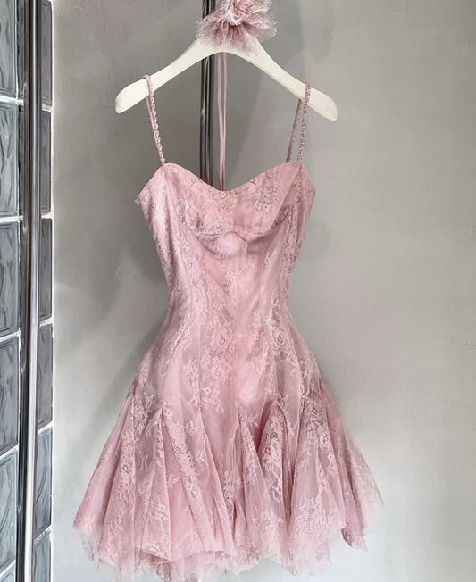 Pretty A line Spaghetti Straps Tulle Lace Pink Formal 8th Grade Homecoming Dress Summer Middle School Hoco Dresses W1146