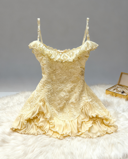 Vintage A line Spaghetti Straps Yellow Lace Short Mini Formal 8th Grade Homecoming Dress Summer Middle School Hoco Dresses Birthday Outfits W1164