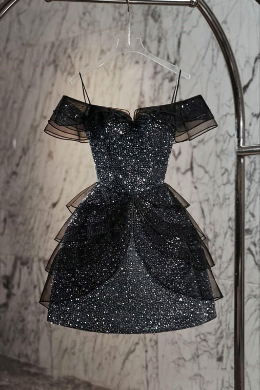 Vintage A line Spaghetti Straps Little Black Dress Short Mini Formal 8th Grade Homecoming Dresses Summer Middle School Hoco Dress Birthday Outfits W1187