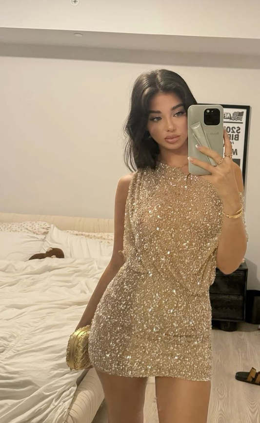 Vintage Champagne Sequin Sheath Short Cocktail Dress Formal Graduation Homecoming Dress D291