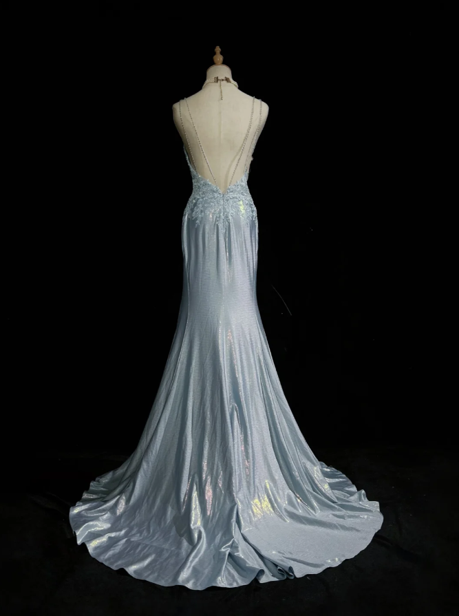 Elegant Spaghetti Straps Blue Satin Appliques Sequin Mermaid Long Wedding Guest Dress Evening Dress D1846