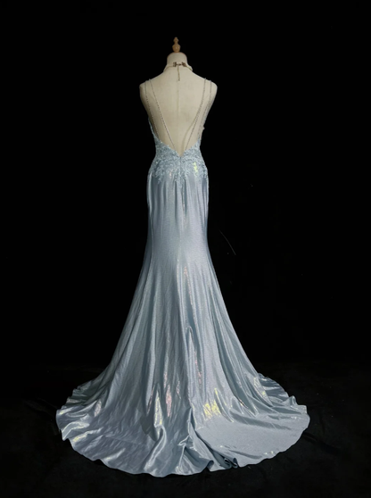Elegant Spaghetti Straps Blue Satin Appliques Sequin Mermaid Long Wedding Guest Dress Evening Dress D1846