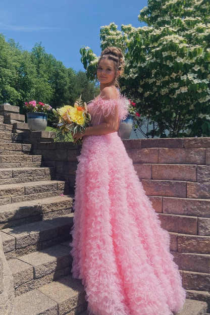 Sky Blue Princess Slit Evening Dress Feathers Straps Tulle Beaded Tiered Long Prom Dress SH1051