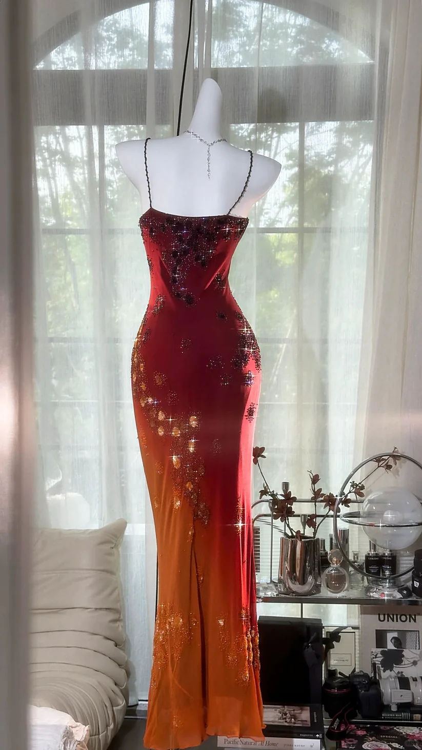 Exquisite Burgundy Orange Floral Beaded Ball Gown Long Chiffon Date Dress Evening Dress SH3433