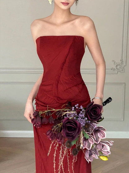 Modest Mermaid Burgundy Strapless Long Prom Gown Summer Wedding Guest Dress Bridal Guest Dresses Wedding Outfits For Guest W0795