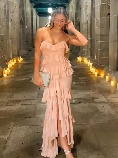 Trendy Pink Strapless Chiffon Ruffled Slit Mermaid Long Party Dress Birthday Prom Gowns SP1124