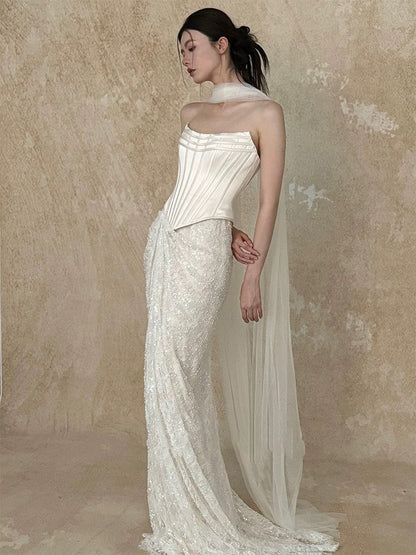 Pretty Wedding Dress Mermaid Strapless White Long Satin Wedding Dresses Bridal Gowns Brides Gown W802