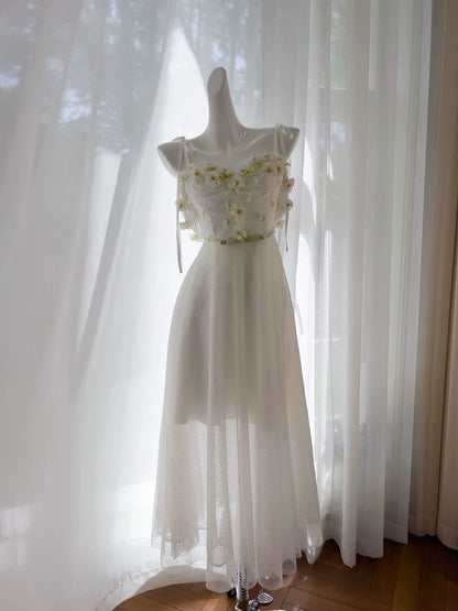 Vintage A line Spaghetti Straps White Long Evening Party Gowns Evening Formal Dresses Prom Dress W829