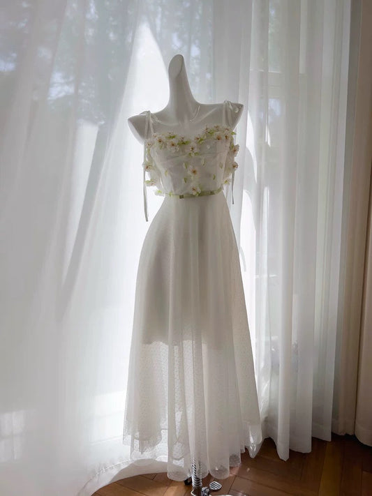 Vintage A line Spaghetti Straps White Long Evening Party Gowns Evening Formal Dresses Prom Dress W829