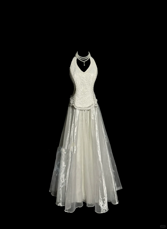 Vintage Bridal Gown 1960s Ball Gown Halter White Sleeveless Lace Long Wedding Dresses Elegant Bridal Gowns W840