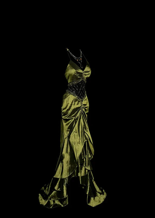 Vintage Mermaid Halter Olive Green 1950s Retro Classy Satin Long Prom Dresses Party Dress 21st Birthday Outfits Graduation Dresses SH3507