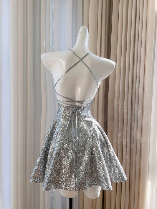 Pretty A line Halter Silver Sequin Summer 16th Birthday Dresses For Teens Hoco Dress Mini 18th Birthday Outfit Cocktail Dresses For Women W899