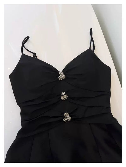 Trendy A Line Spaghetti Straps Black Satin Formal Short 8th Grade Homecoming Dress Summer Middle School Hoco Dresses Birthday Outfits W929