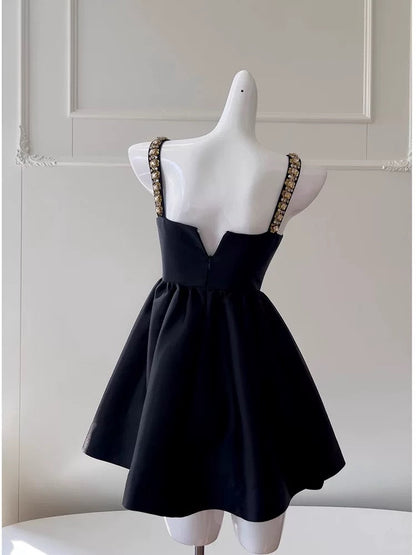 Trendy Ball Gown Straps Black Satin Sleeveless Formal Short 8th Grade Homecoming Dress Summer Middle School Hoco Dresses Cocktail Dress Birthday Outfits W938
