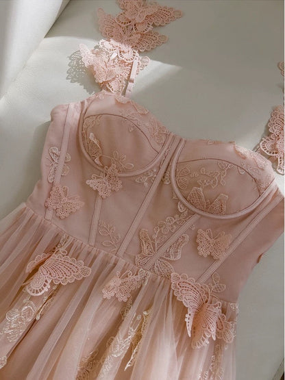 Elegant A line Straps Blush Pink Lace Sleeveless Long Evening Party Gowns Evening Formal Dresses Prom Dress W945