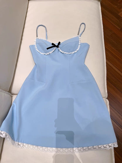 Trendy A line Spaghetti Straps Blue Formal Short 8th Grade Homecoming Dress Summer Middle School Hoco Dresses Cocktail Dress Birthday Outfits W956